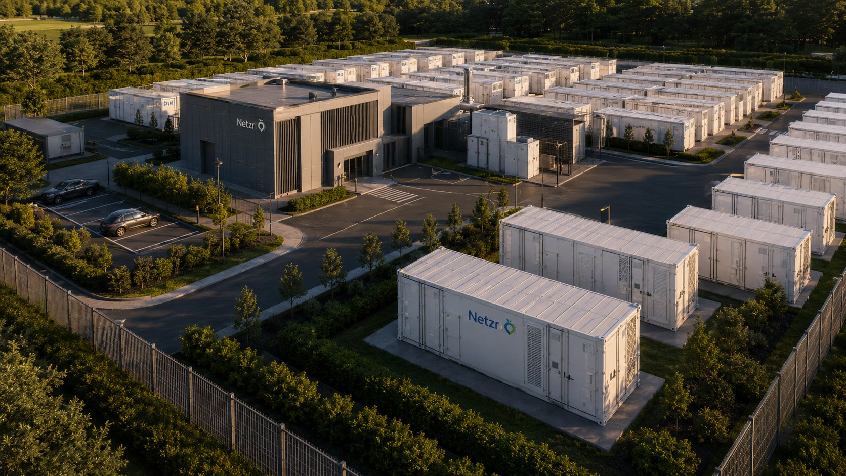 Large modular battery storage campus at golden hour