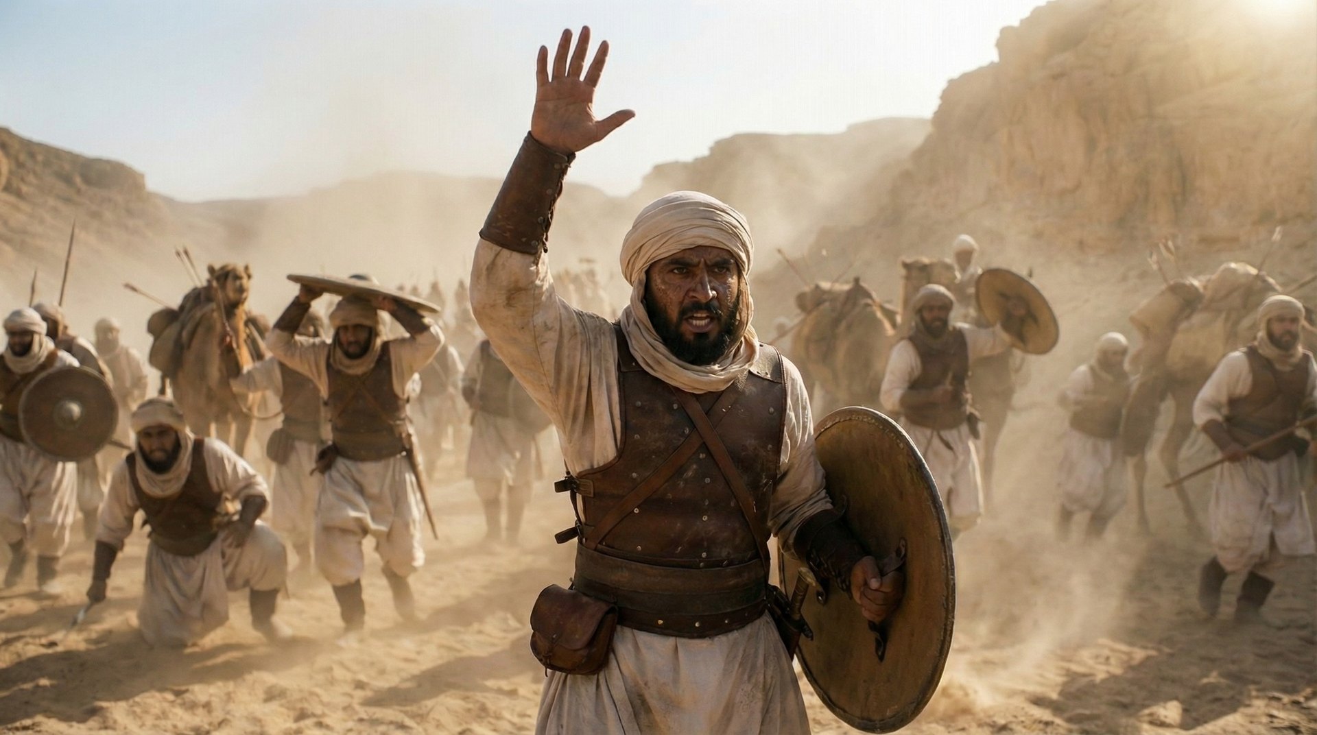 A warrior directing a group during a desert battle reconstruction