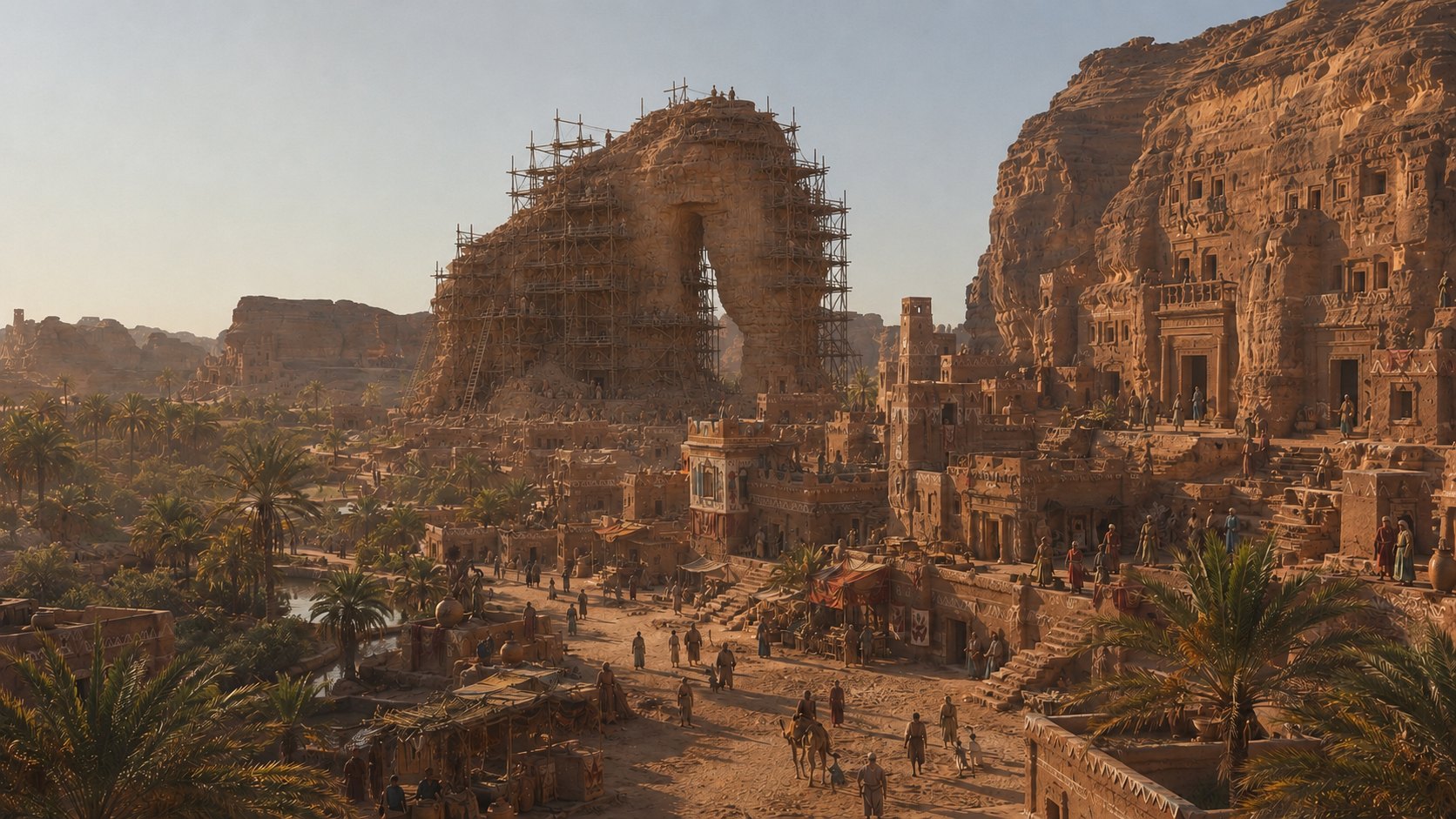 A large reconstructed ancient desert city surrounded by carved cliffs and palms