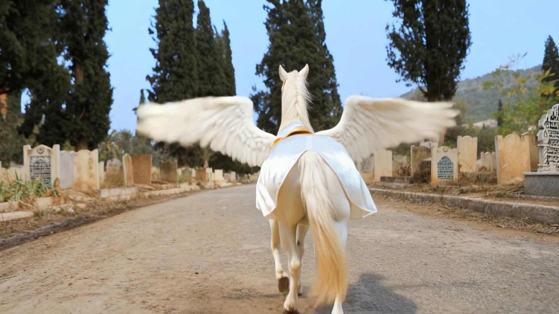Rear view of the winged horse moving down the cemetery road